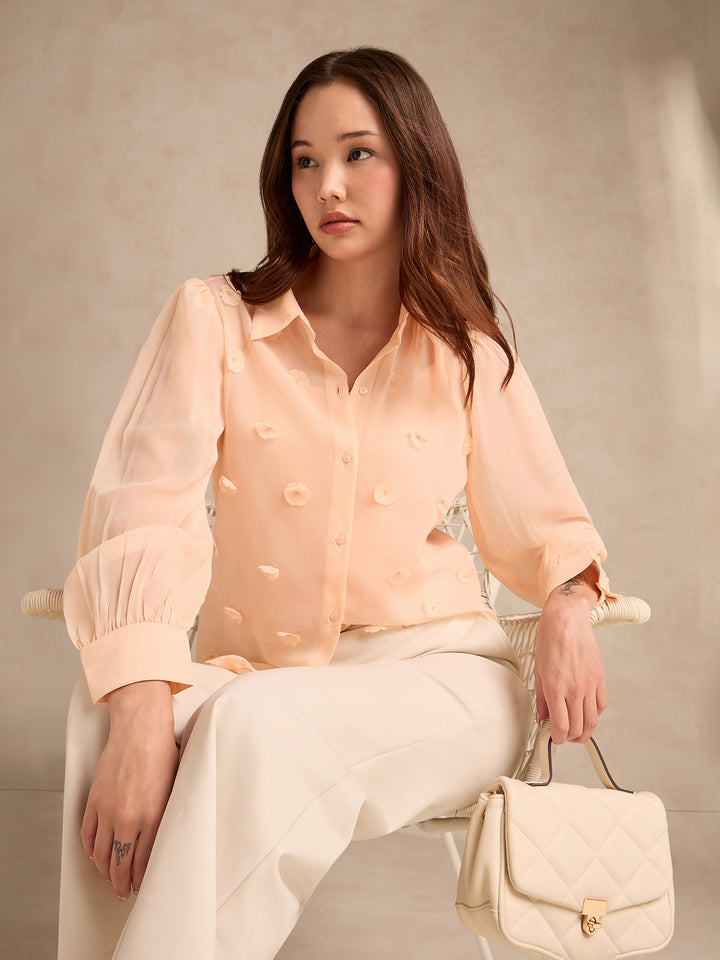Peach Flowy Georgette Shirt With Applique Flower Embellishment