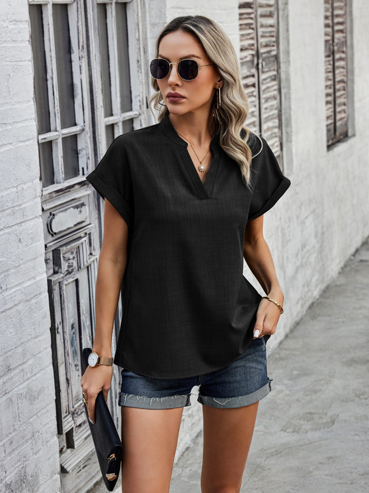 Black V Neck Mandarin Collared Blouse