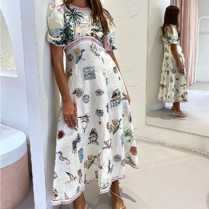White Puff Sleeve Abstract Print Dress