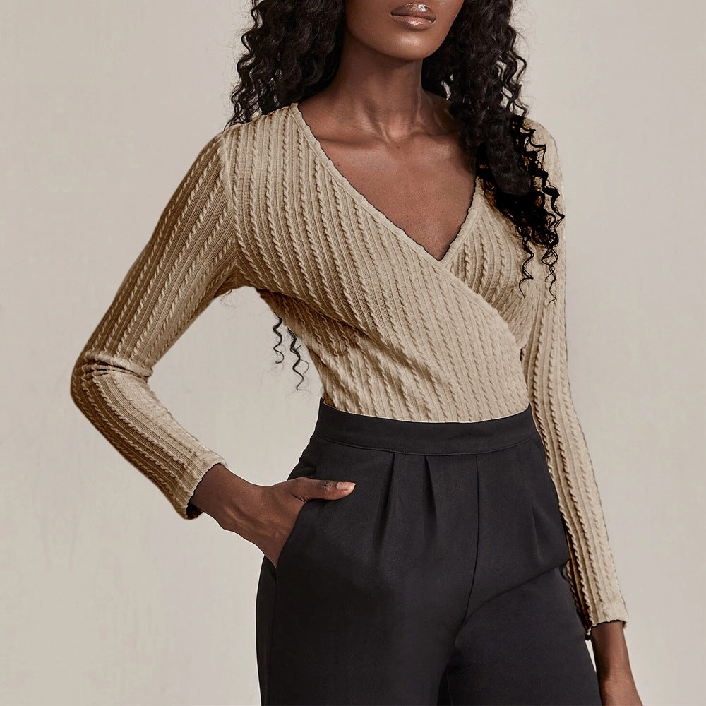 Khaki Textured Knit V-Neck Top