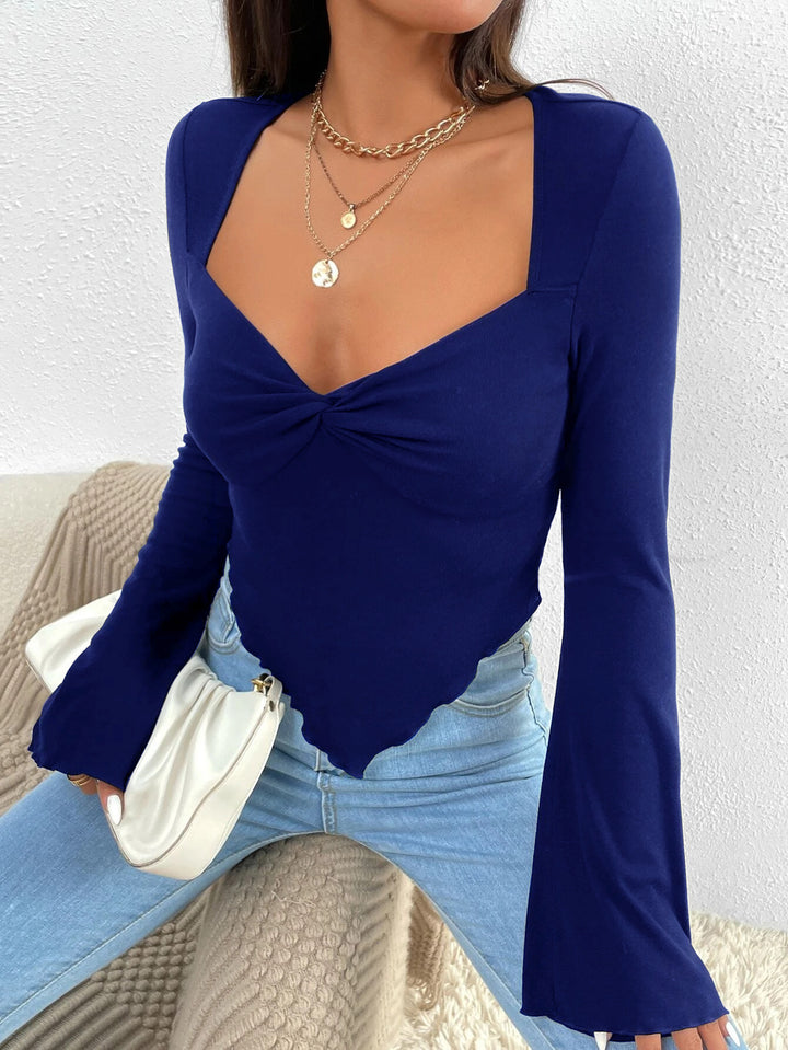 Blue Bell Sleeve Asymmetrical Hem Top