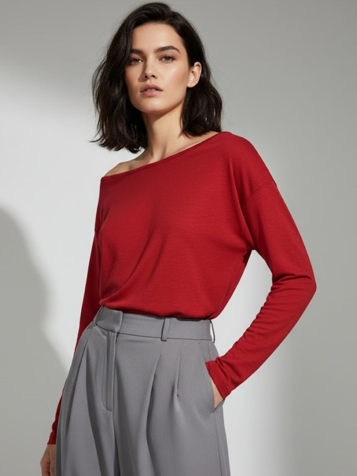 Red Off-Shoulder Solid Basic Sweater