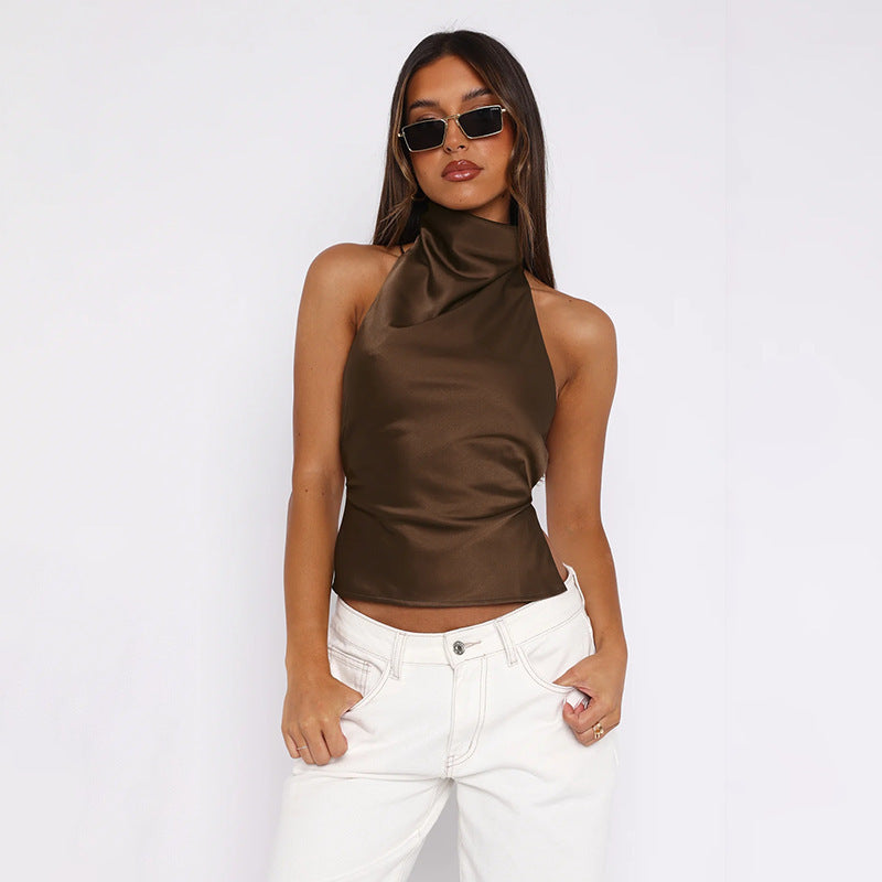 Brown  Cowl Neck Back Straps Top