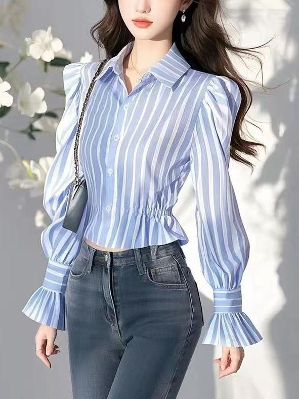 Blue Puff Sleeved Sinched Waist Shirt