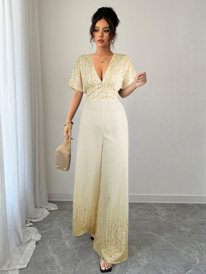 Cream V- Neck Cinched Waist Jumpsuit