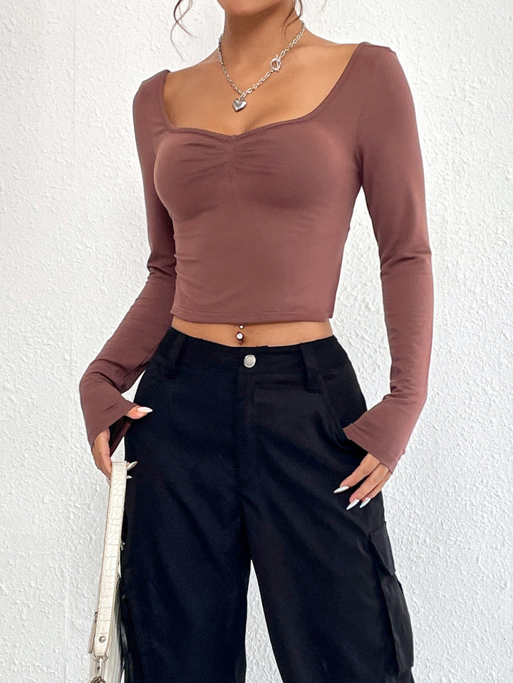 Brown Scoop Sweetheart Neckline Fitted Top