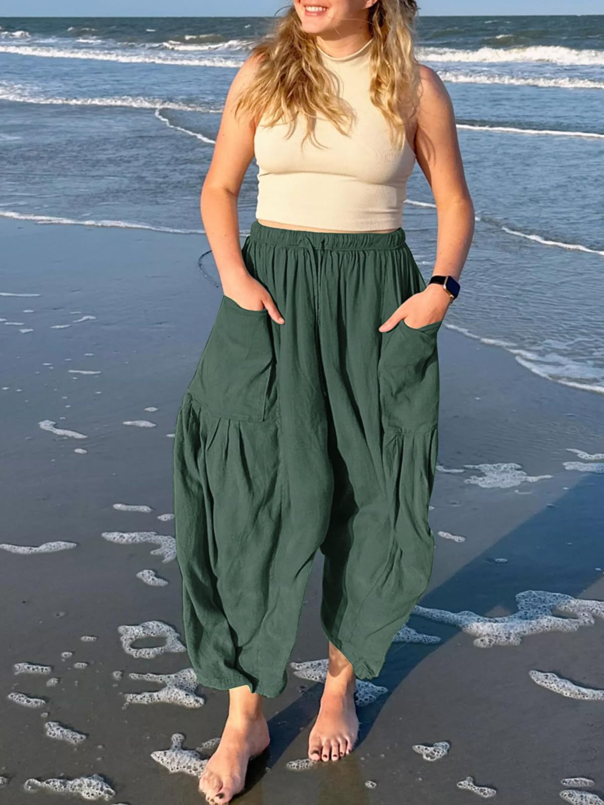 Green Wide Leg Casual Cargo Pants