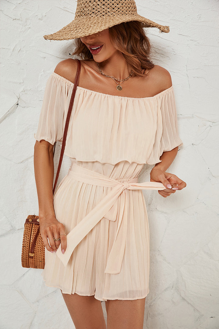 Cream Off-Shoulder Pleated Dress