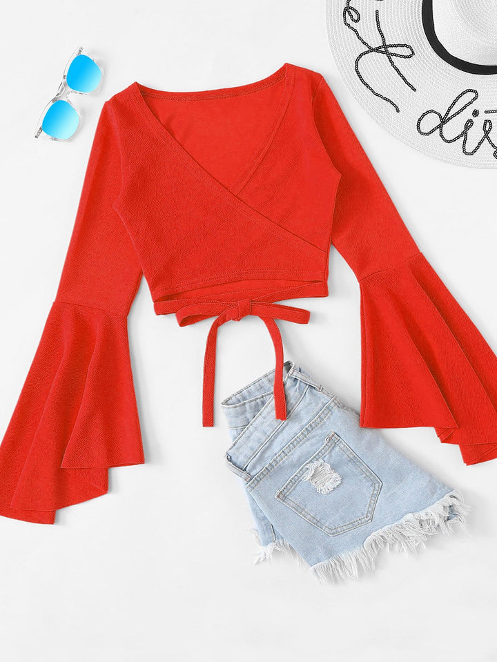 Red Butterfly Sleeve V Neck Wrap Top