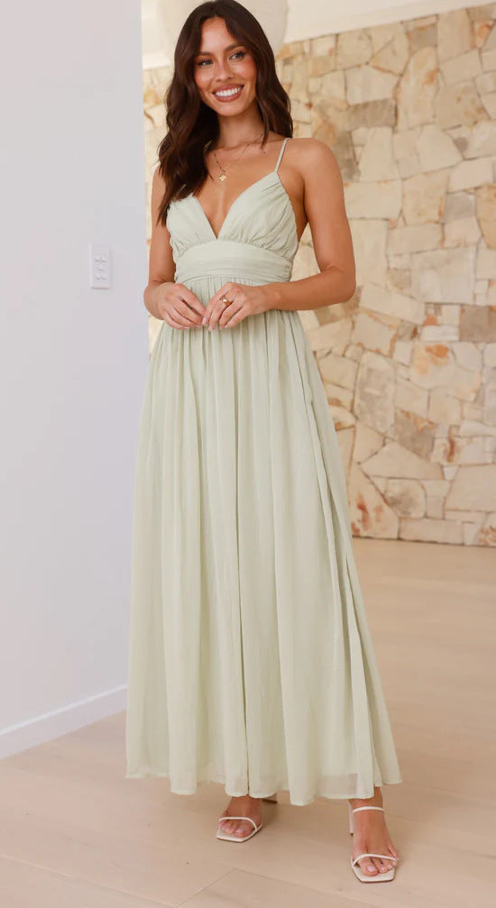 Green Plunge Neck Flowy Maxi
