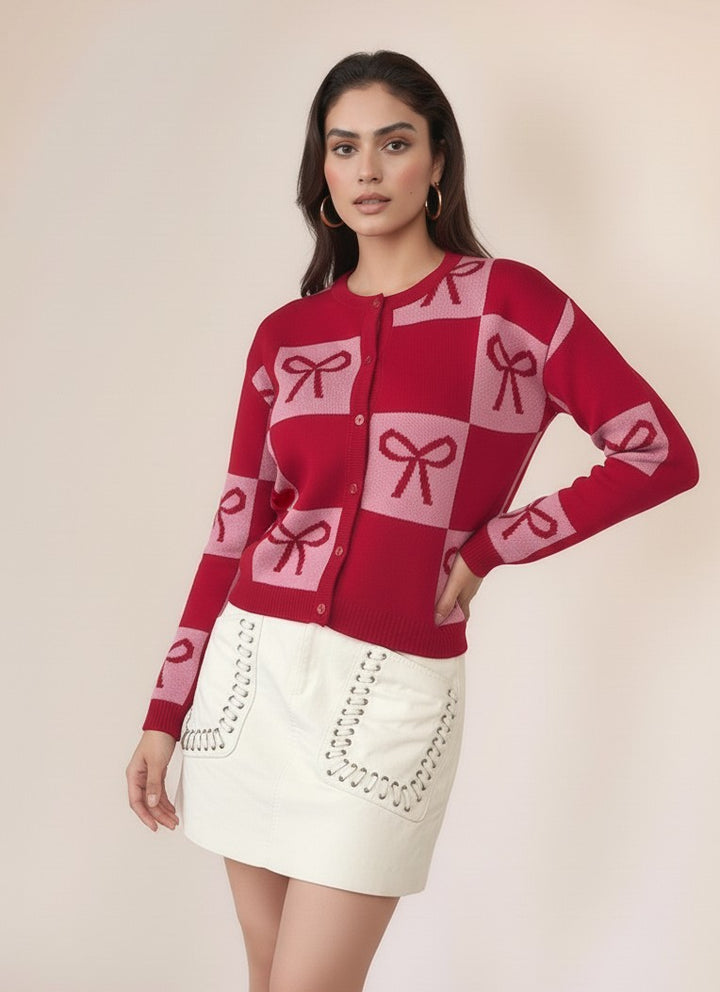 Red Colour Blocked Check With Graphic Bows Cardigan