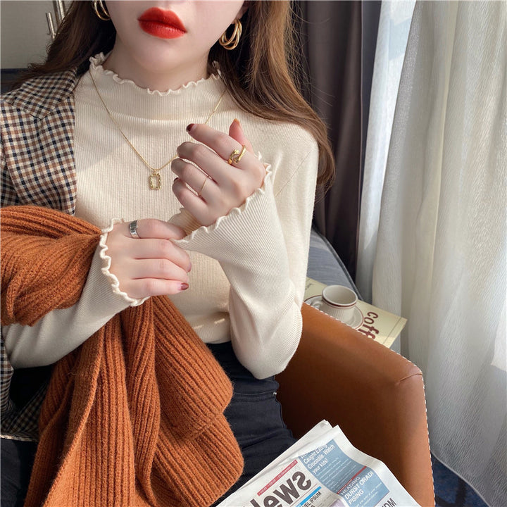 Cream Full Sleeve Scallop Hem Mock Neck Fitted Top