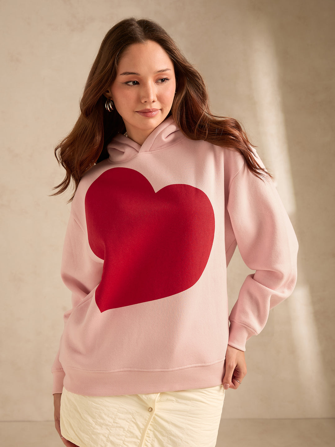 Pink Oversized Fleece Hoodie With Bold Heart Graphic
