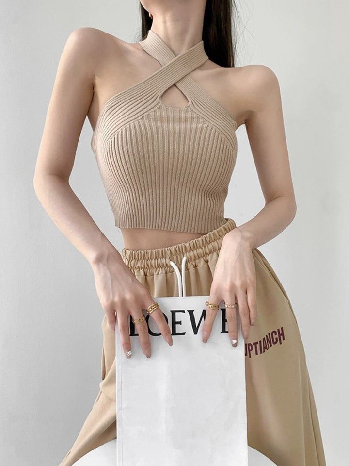 Khaki Halter Flat Knit Tank