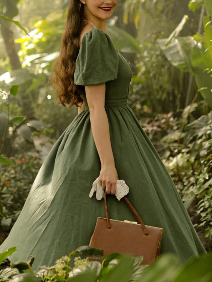 Olive Puff Sleeve Sweetheart Neck Dress