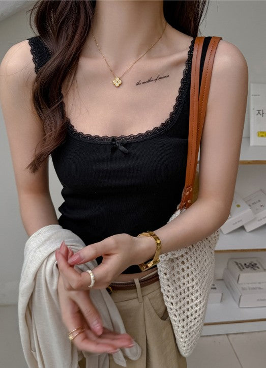 Black Ribbed Lace Trim Tank Top