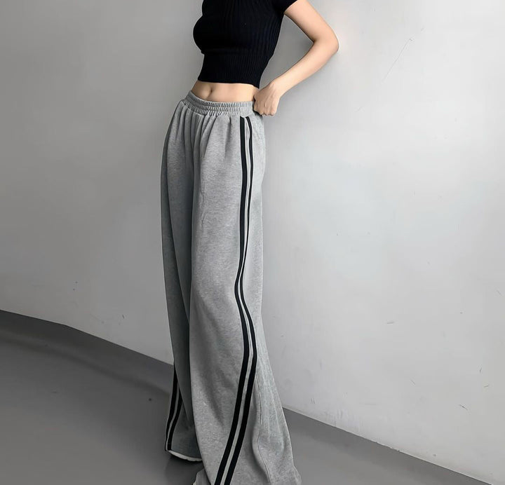 Grey Solid Contrast Stripped Wide Leg Sweatpants