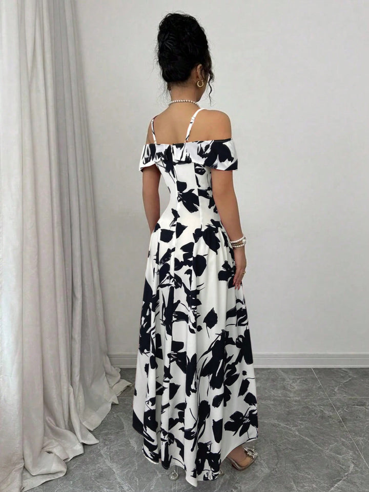 Black Cold Shoulder Printed Dress