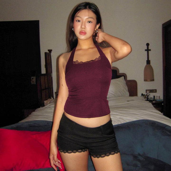 Red Halter Neck Lace Top
