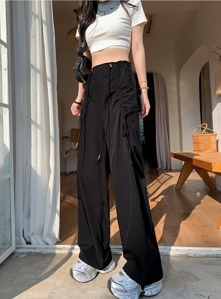 Black Wide Leg Drawstring Parachute Pants