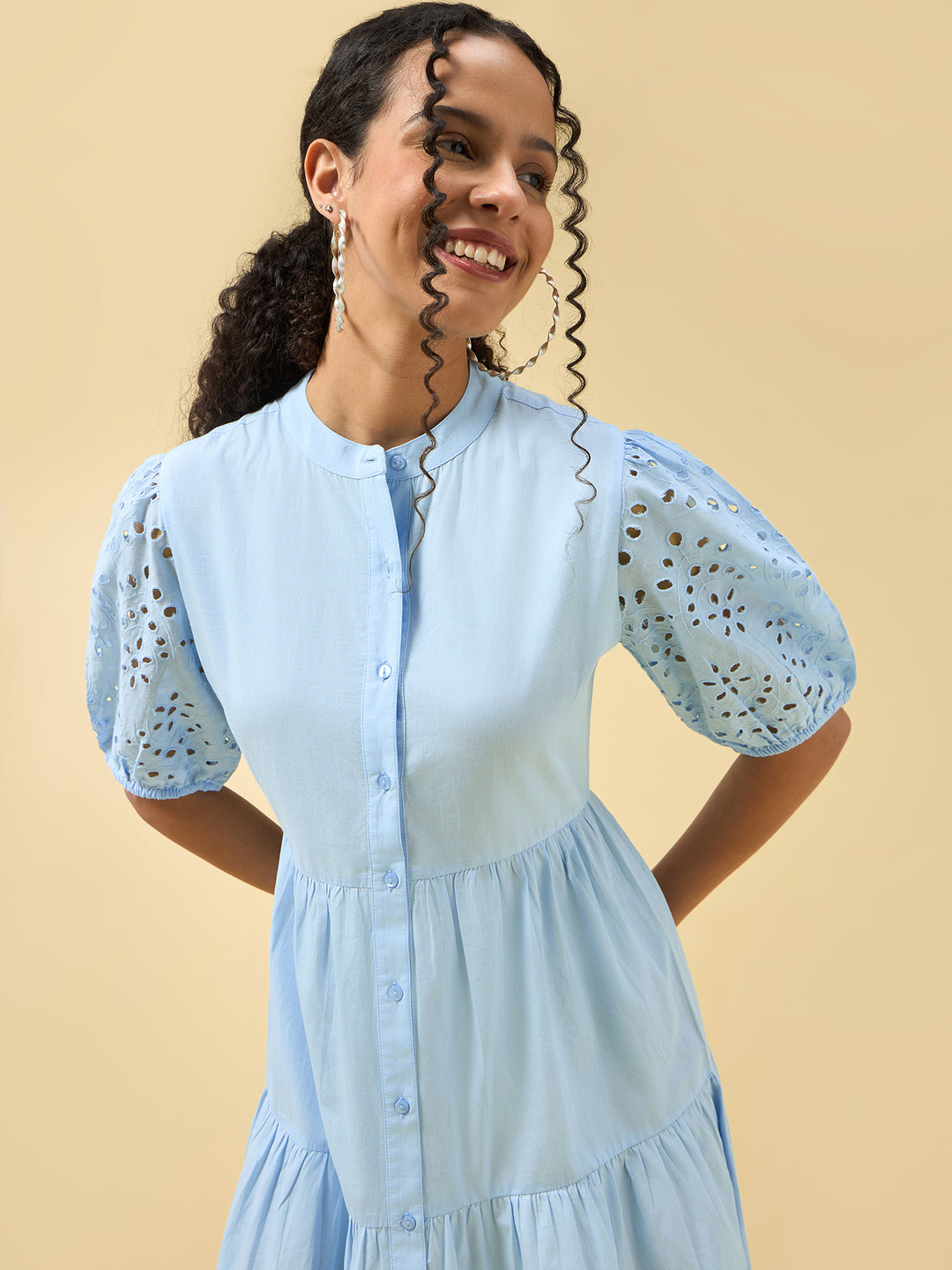 Blue Puff Sleeve Pleated Dress