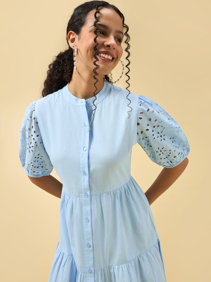 Blue Puff Sleeve Pleated Dress
