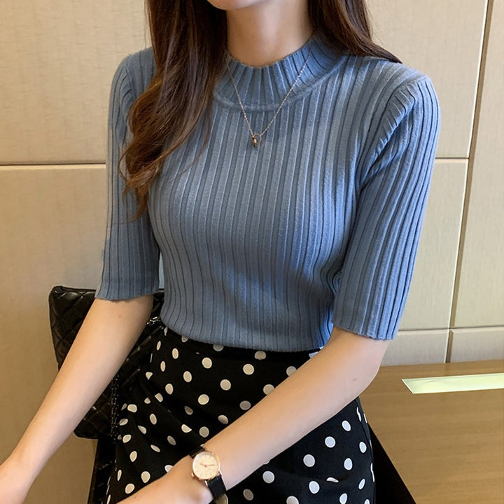Blue High Neck Short Sleeve Top