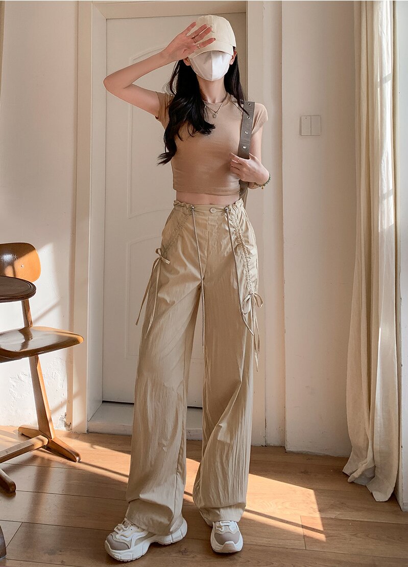 Beige Wide Leg Drawstring Parachute Pants