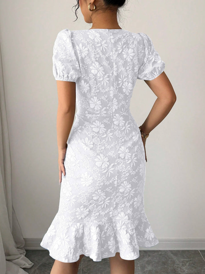 White Short Sleeve Ruffle Hem Dress