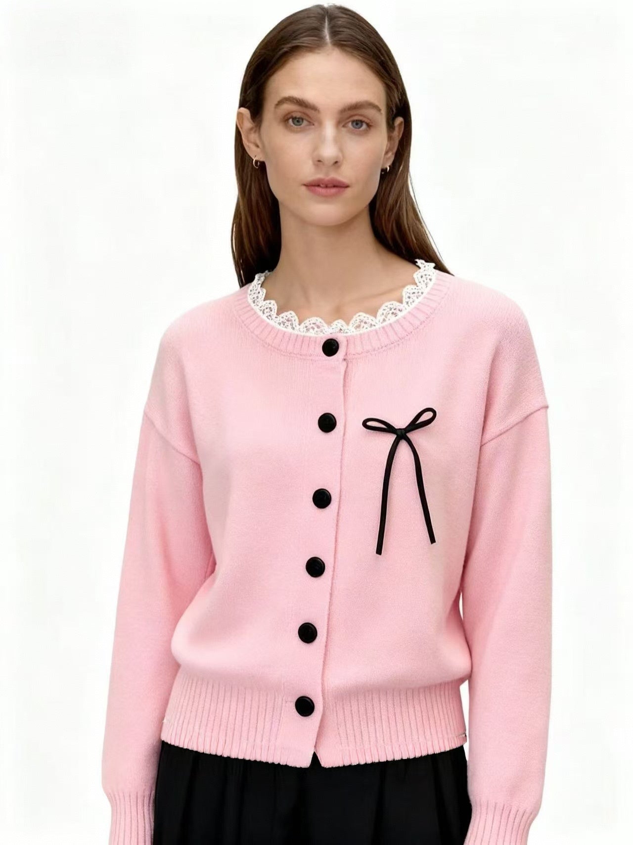 Pink Full Sleeve Front Buttoned Lace Trim Cardigan