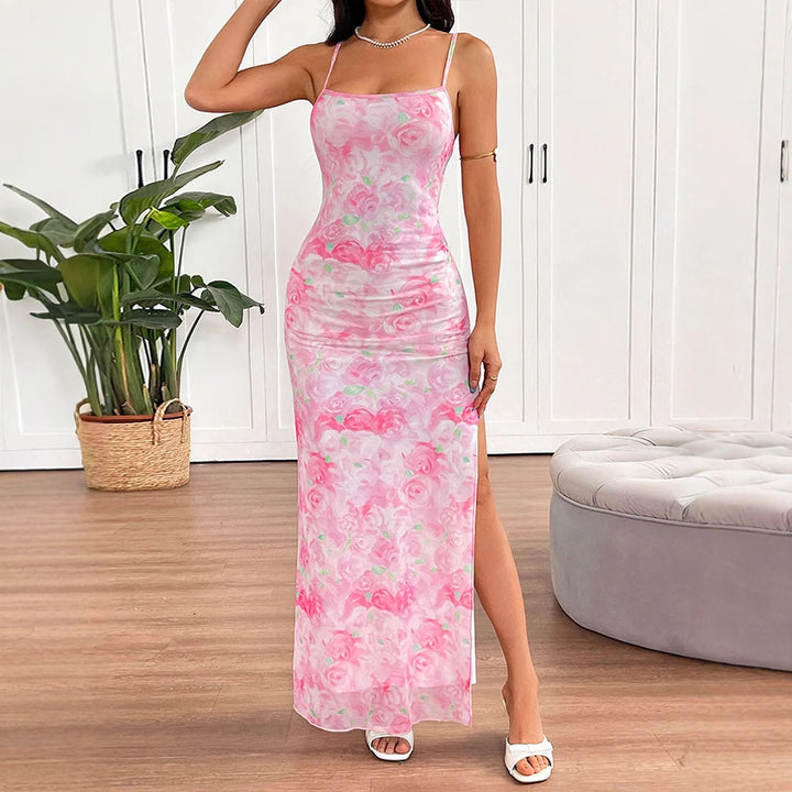 Pink Strappy Printed Maxi Dress