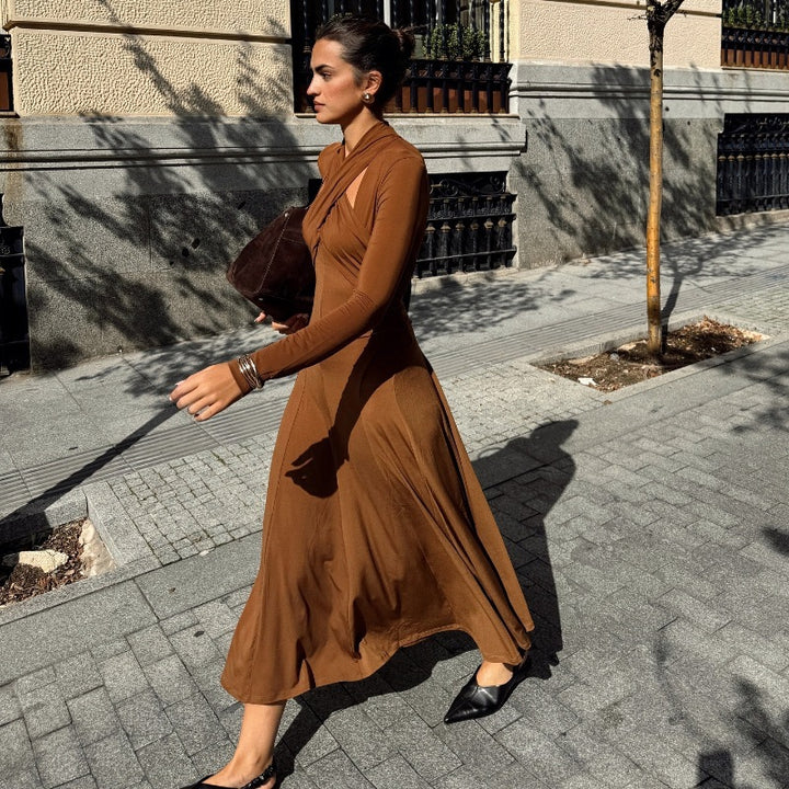 Brown Criss Corss Neck Line Flowy Dress