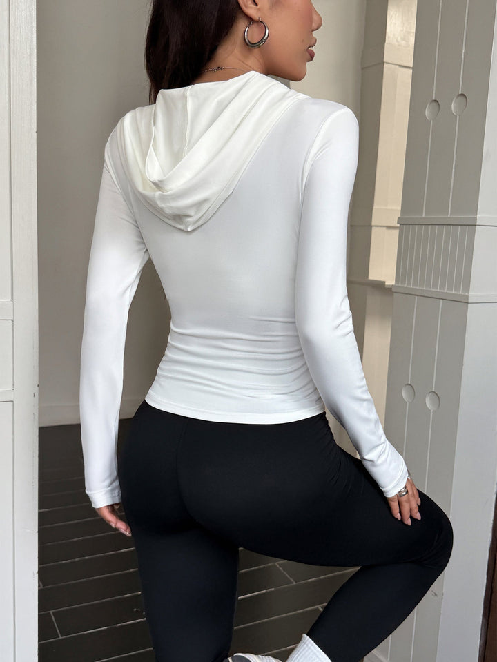White Full Sleeve Hooded Front Zip Top