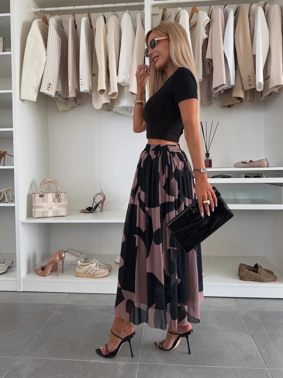 Black Printed Pleated Flowy Skirt
