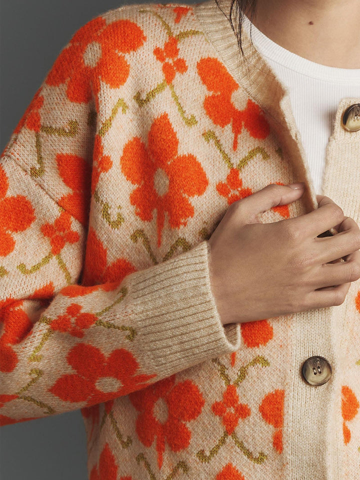 Orange Full Sleeves Printed Slouchy Cardigan