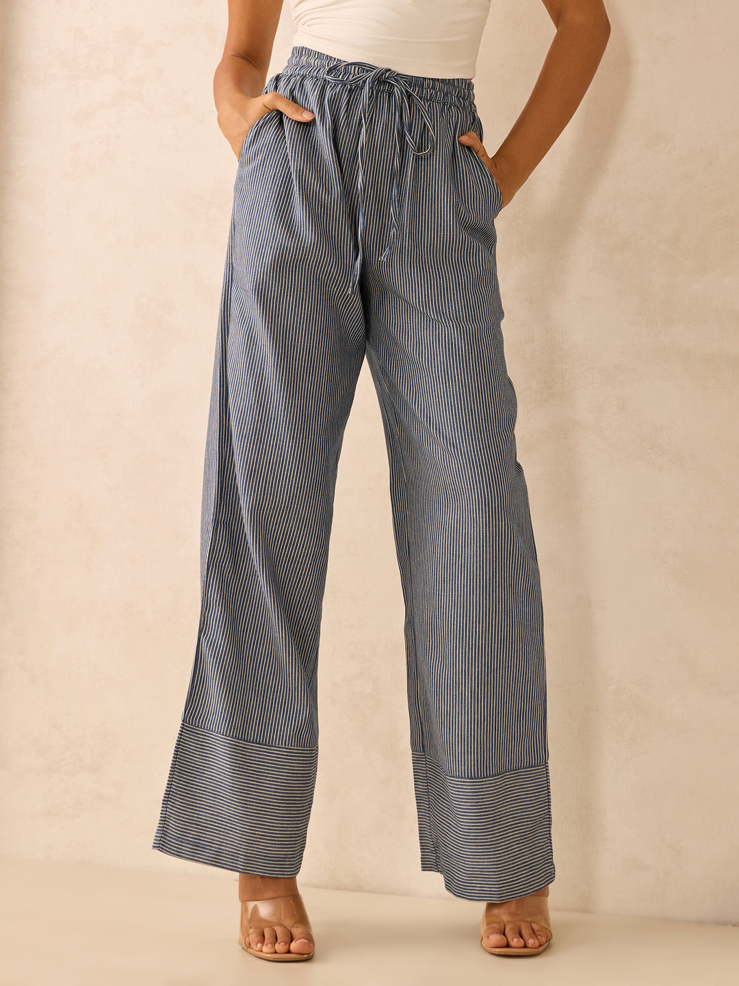 Blue Wide Leg Stripes Trousers