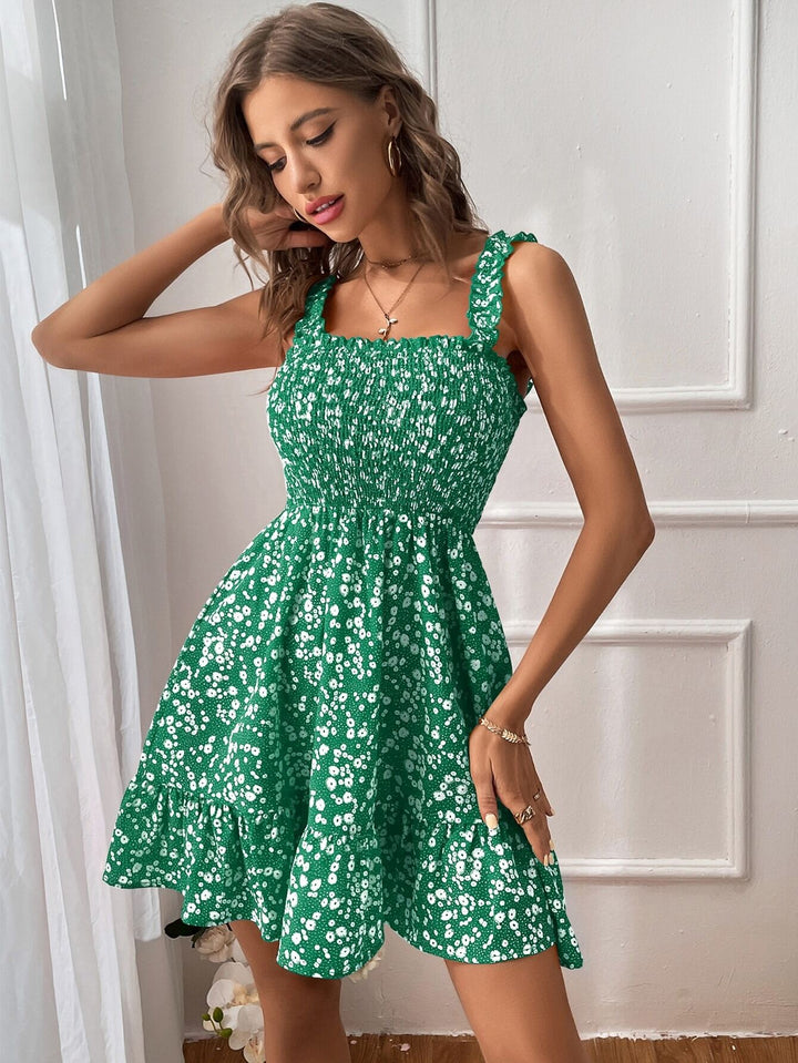Green Ditsy Print Fit And Flare Dress