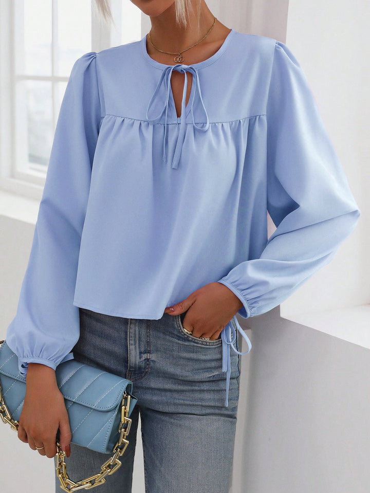 Blue Neck And Sleeves Tie Up Detail Top