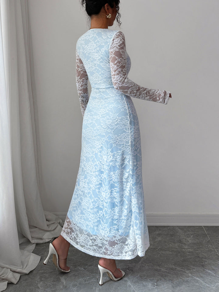 Blue Full Sleeve Square Neck Lace Dress