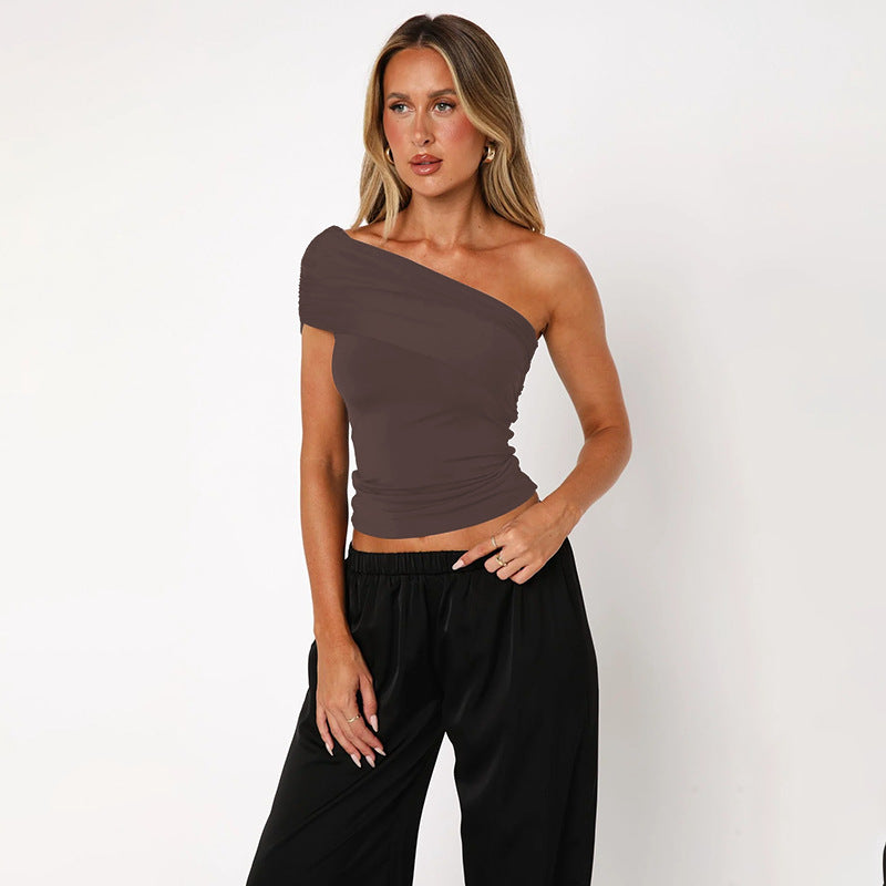 Brown One Shoulder Fitted Top