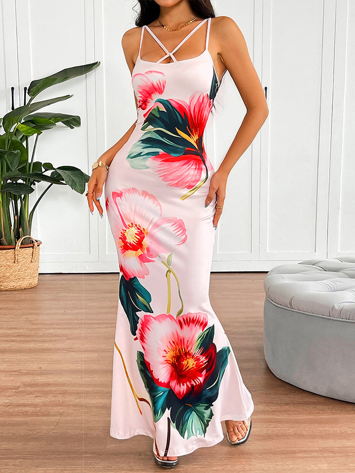 Multi Criss Cross Neck Detailing Floral Dress