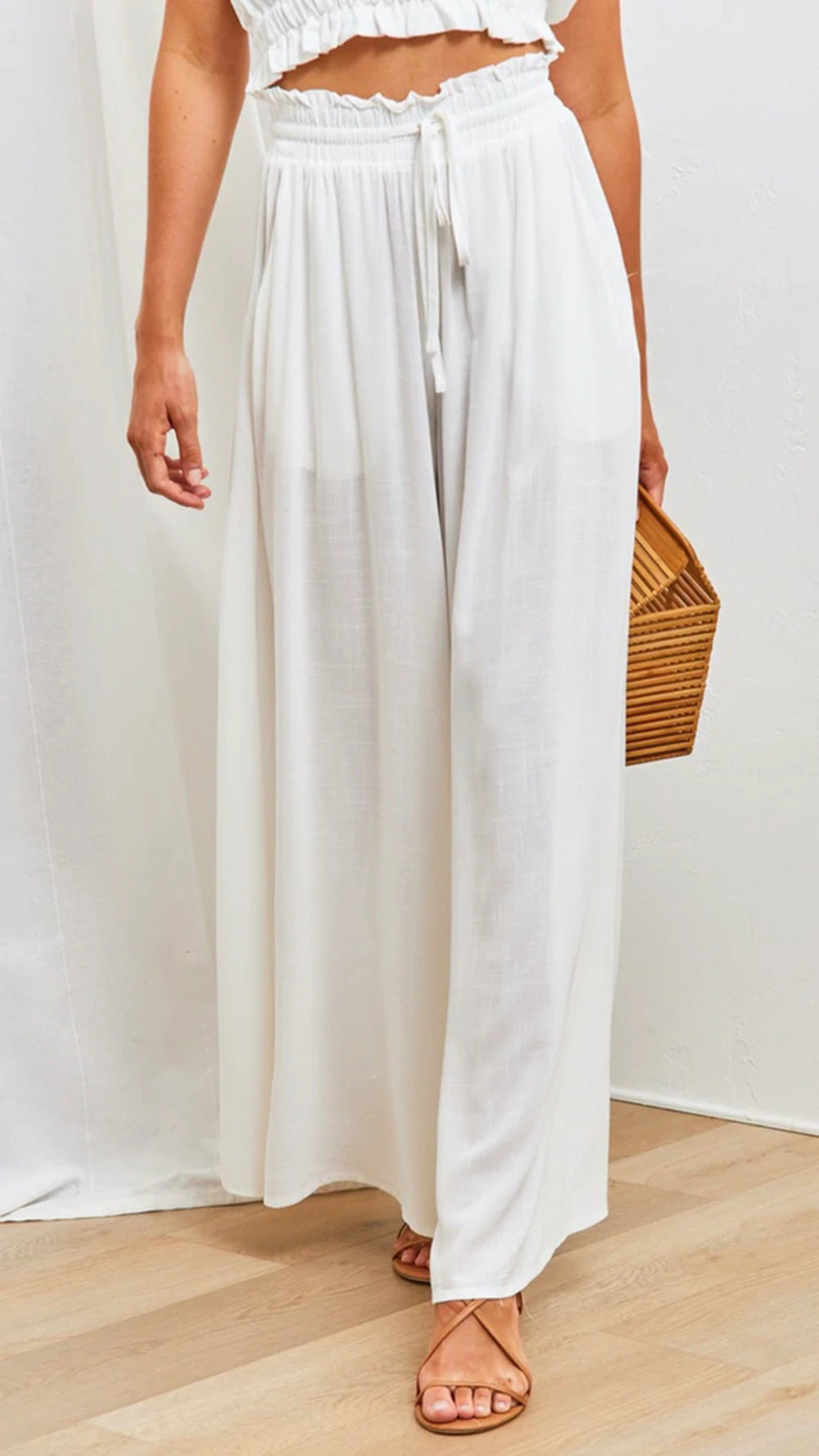 White Elasticated Waist Band Wide Leg Trouser