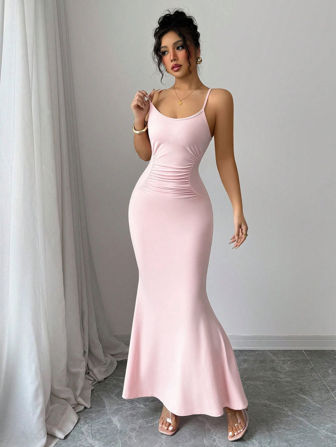 Pink Shoulder Strap Waist Ruched Dress