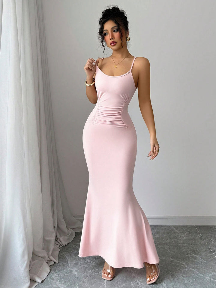 Pink Shoulder Strap Waist Ruched Dress