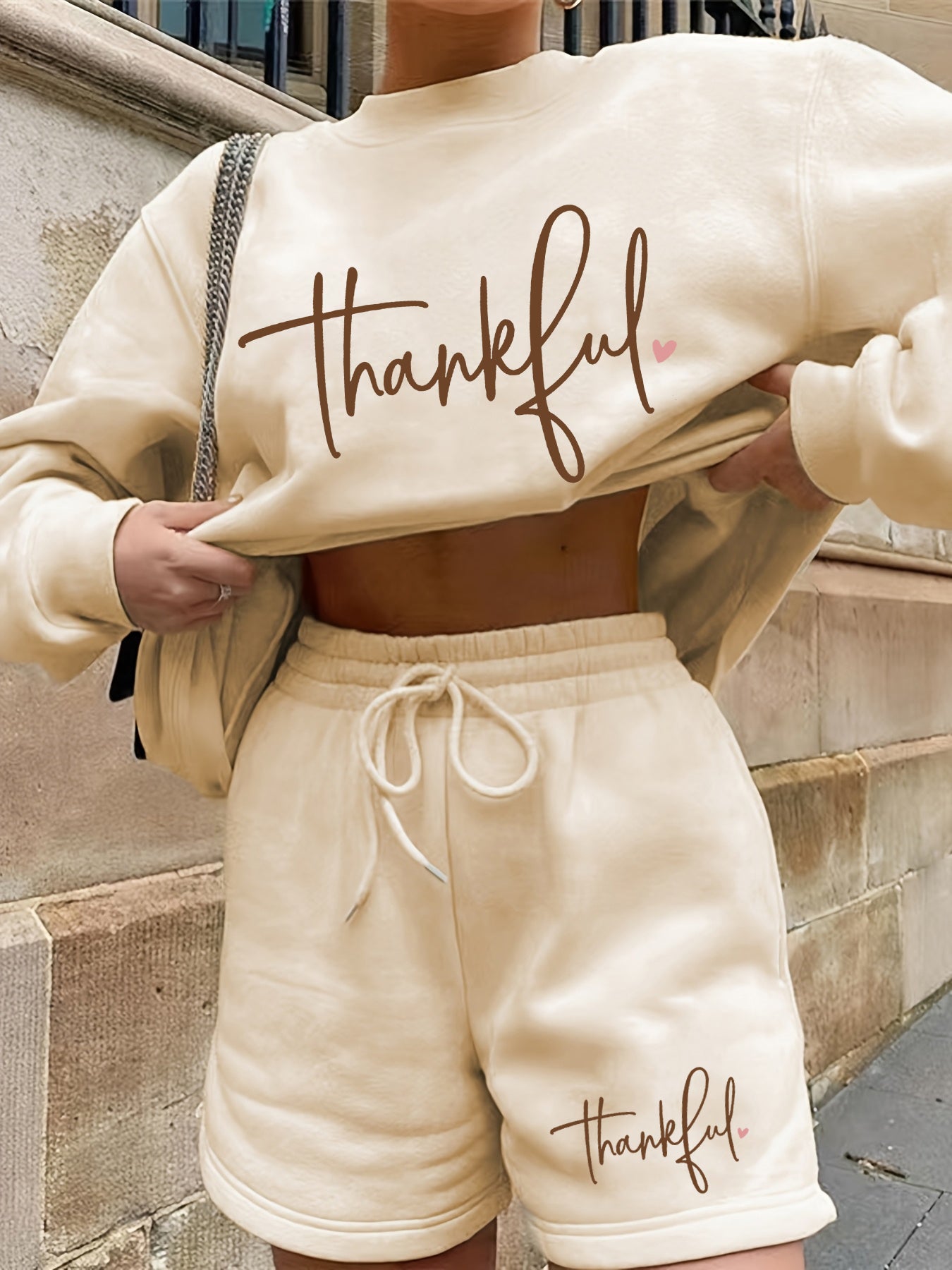 Cream Typography Sweatshirt And Shorts Co-Ord Set