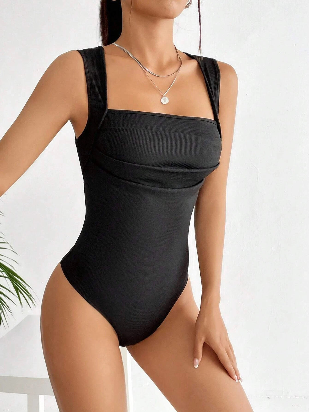 Black Wide Strap Bust Detail Bodysuits