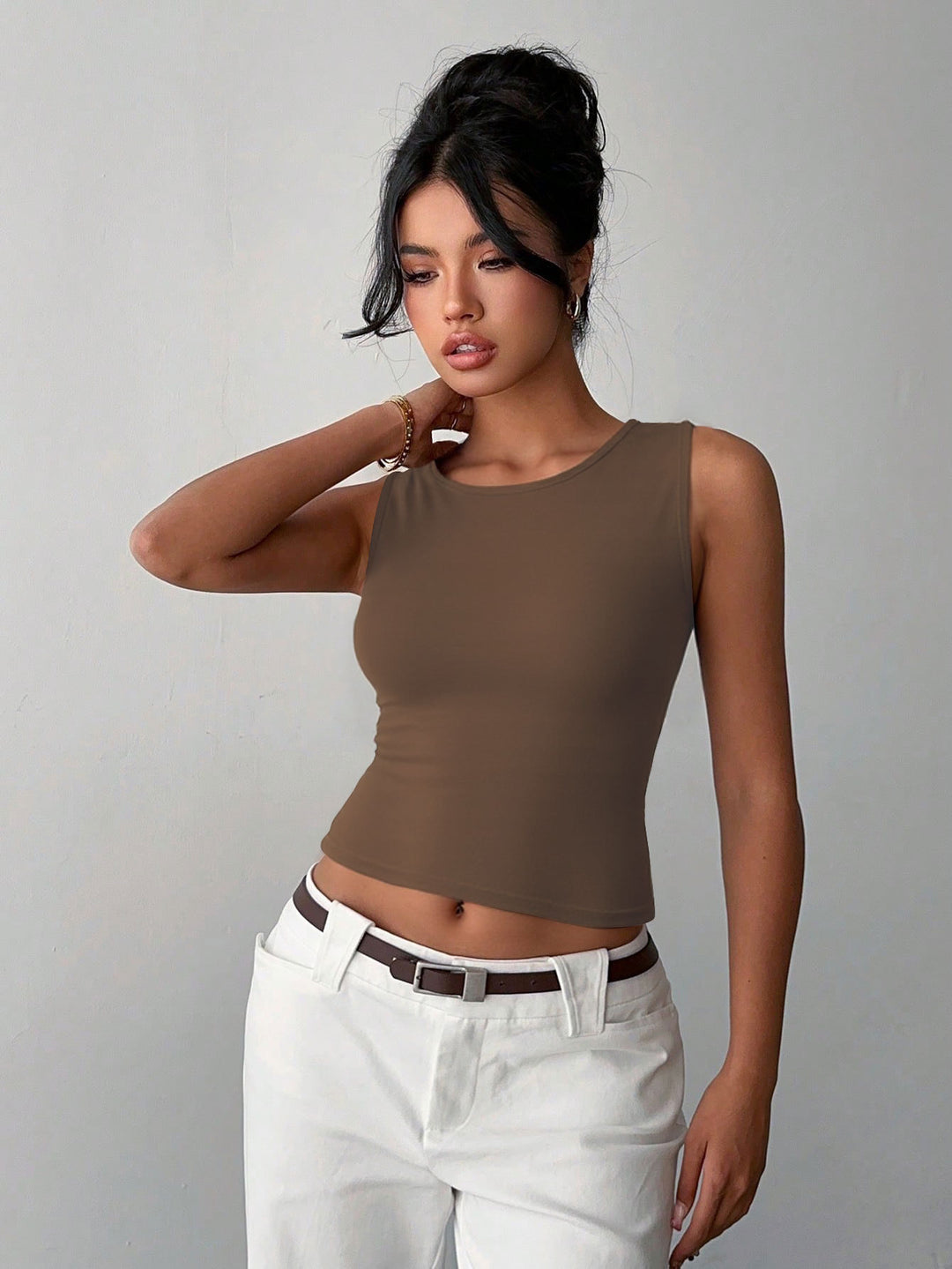 Brown Round Neck Sleeveless Top