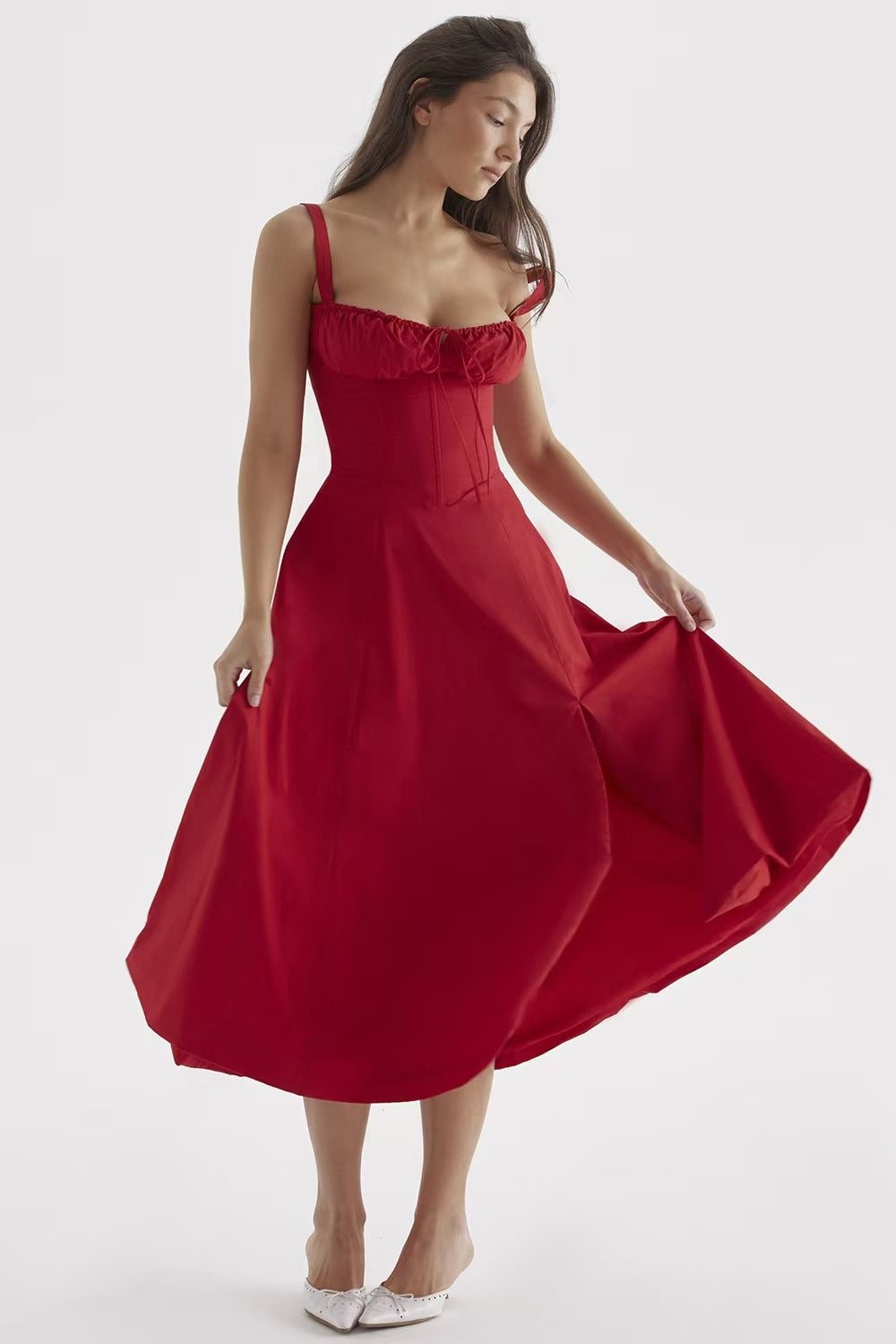 Red Strappy Corset Midi Dress