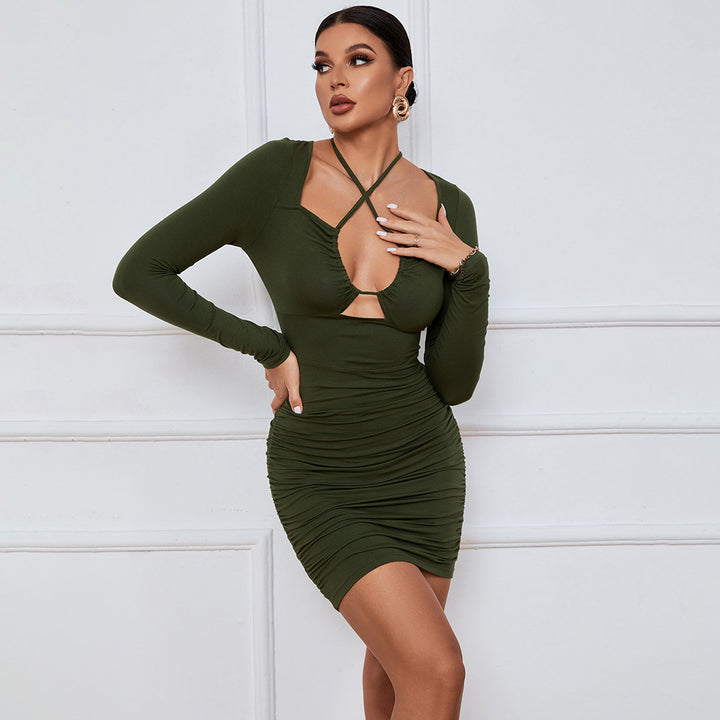 Green Full Sleeve Halter Neck Dress