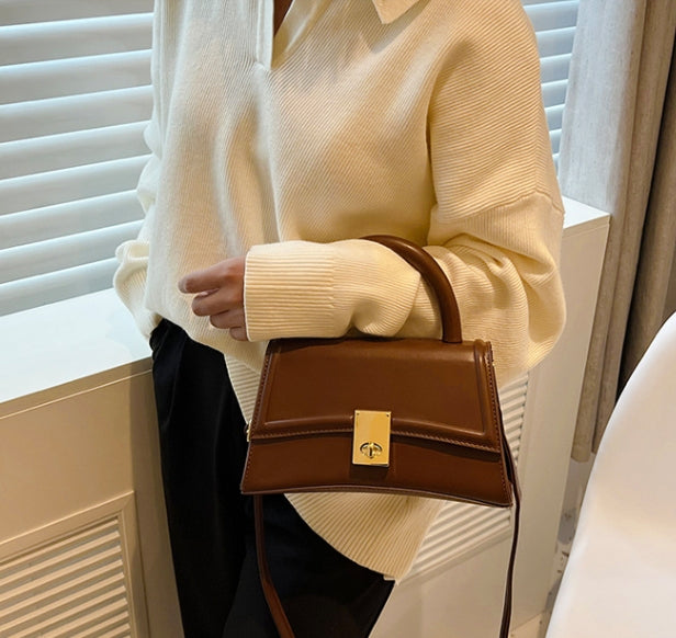 Tan Structured Flap Top-Handle Bag